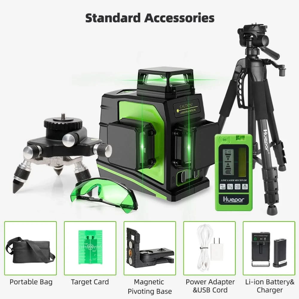 Huepar 12 Lines 3D Cross Line Laser Level Kit Osram Self-Leveling Green Beam 360° Vertical Horizontal With Laser Receiver Tripod