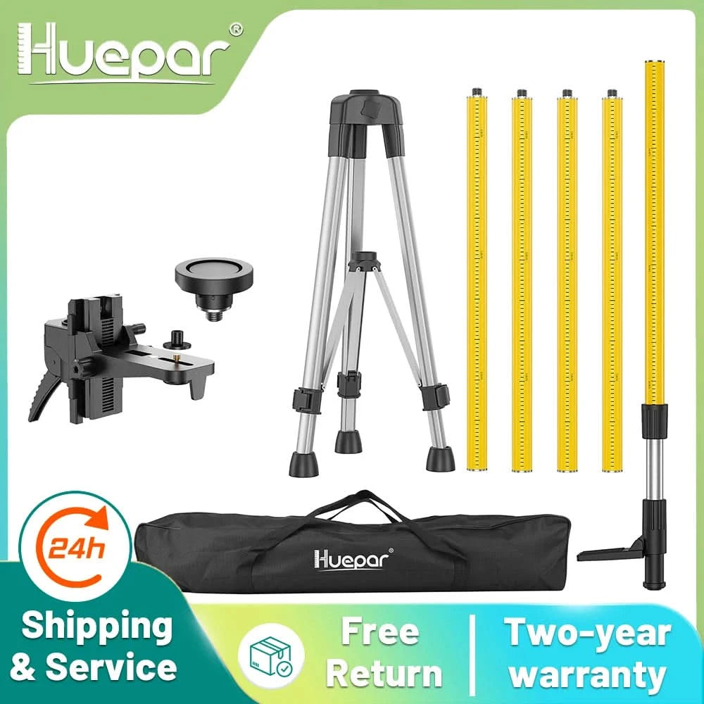 Huepar 12 Ft./3.7m Laser Tripod Telescoping Pole with 1/4-Inch by 20-Inch Laser Mount for Rotary Included Rod & 5/8"-11 Adapter