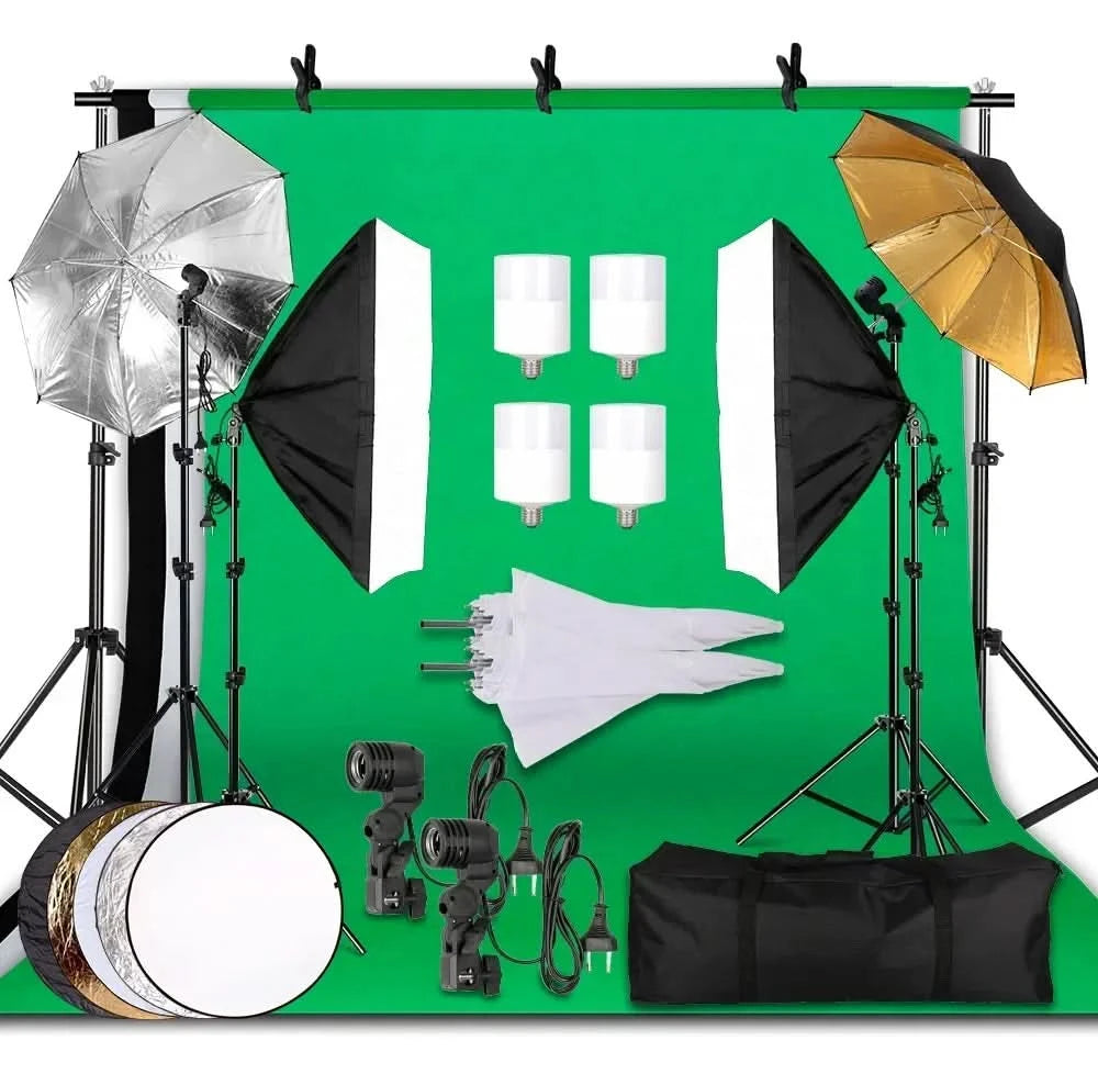Fotohintergrundrahmen Ständer Softbox Beleuchtungsset Fotostudio-Ausrüstungszubehör mit 3 Hintergrundstoffen und Stativ
