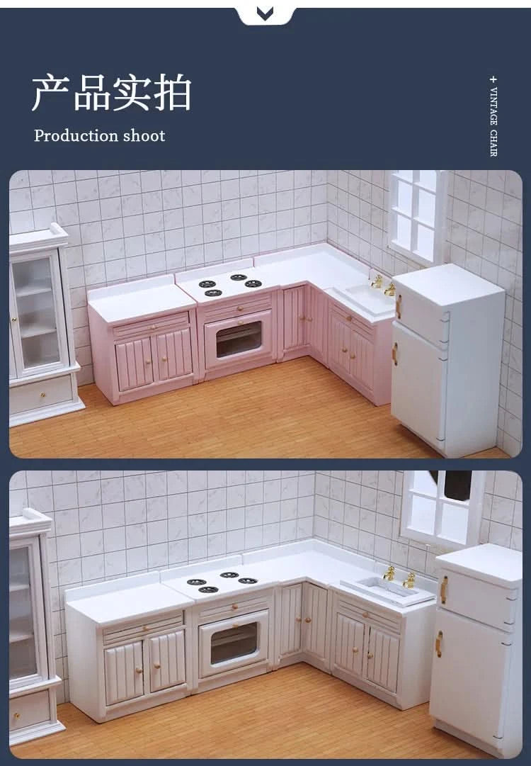 Dollhouse Mini Cooking Table Sink Counter Set Cabinets Combination 1:12 Miniature Kitchen Miniature Models Home Decor Figurines