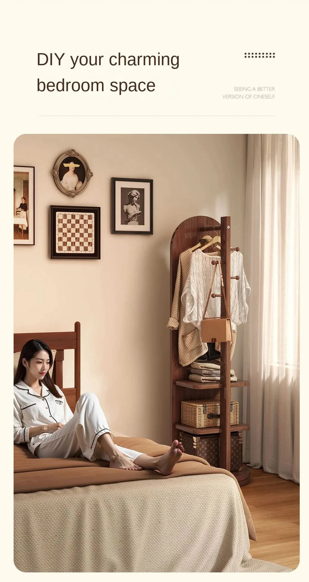 Full-length mirror with coat rack, rotating floor mirror, home bedroom dressing mirror, fitting mirror, multi-function mirror