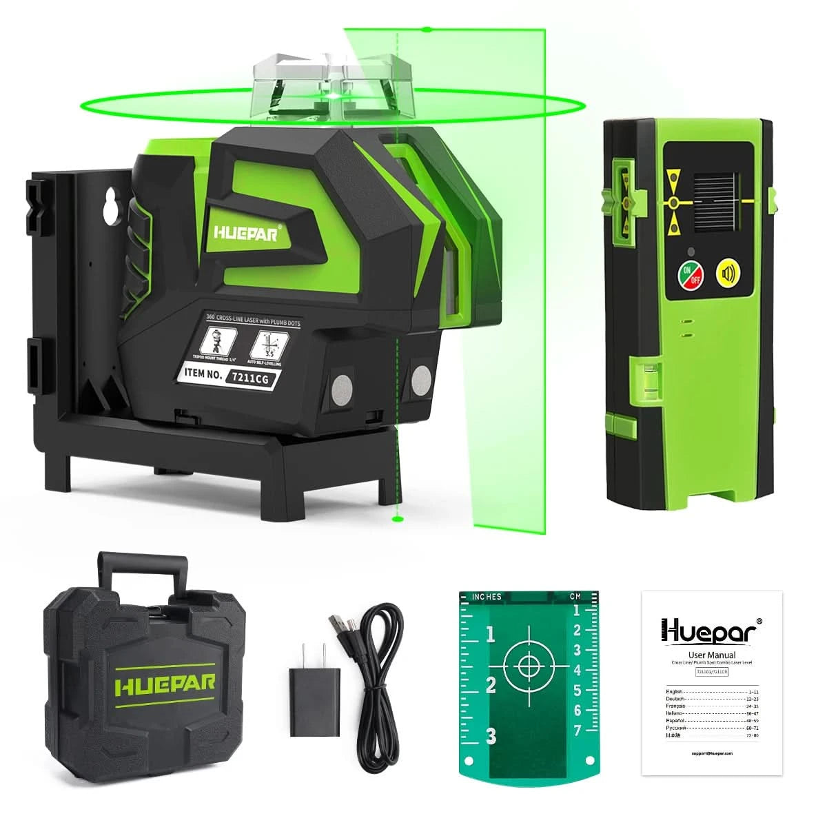 Huepar 7211CG Green Laser Level Self-Leveling Cross Line 2 Plumb Dots Li-ion Battery 360° Horizontal Line Fan Angle Laser Tool