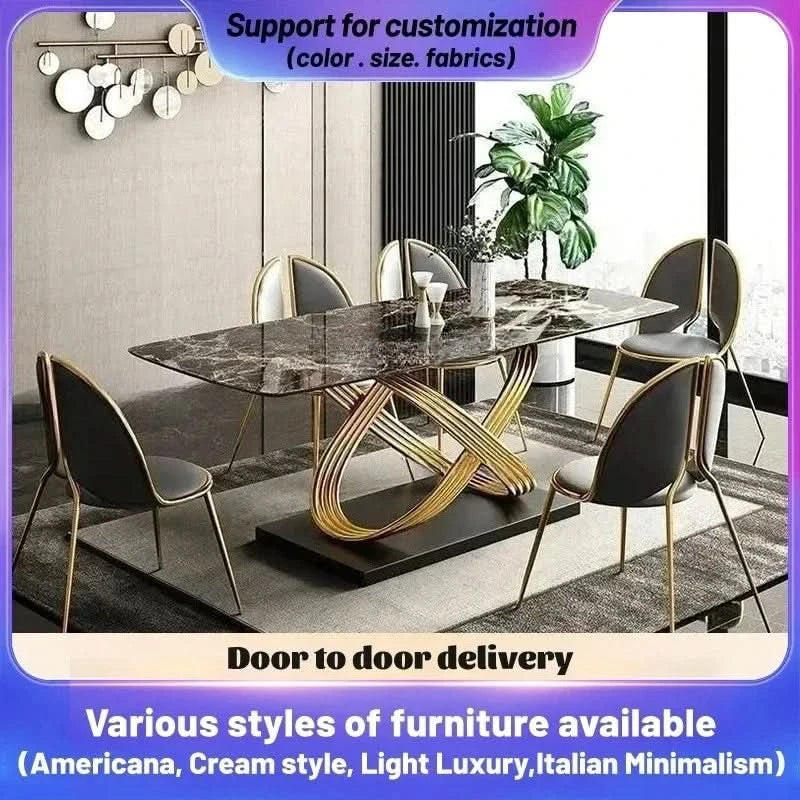 Modern Dining Table With Stainless Steel Finish Black White Desk Top For Six People Home Rectangle Luxury Marble Kitchen Table