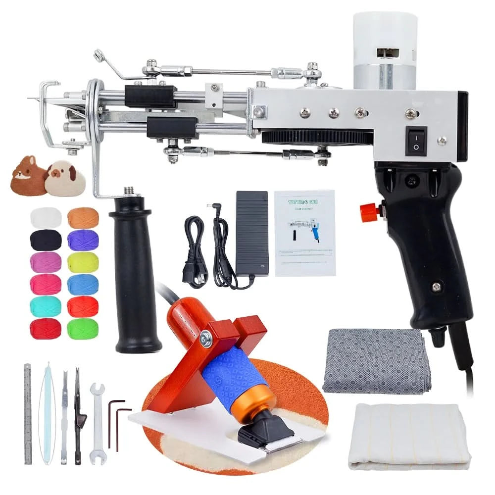 2-in-1-Tufting-Gun-Set, elektrische Tufting-Pistole, 7–21 mm Tufting-Pistole, mit Wollgarn und Tufting-Gewebe, Trimmer für Anfänger