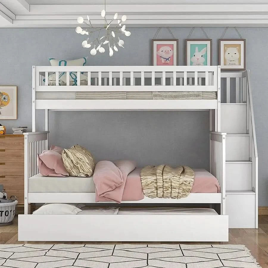 Harper Bright Designs Twin Over Full Bunk Beds with Twin Size Trundle Stairway, Solid Wood Bunk Bed Twin Over Full Size with St
