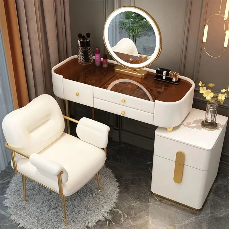 Luxury Jewelery Storage Dressing Table Glass Top Girls Unique Makeup Mirror Beauty Dressing Table Light White Muebles Decoration
