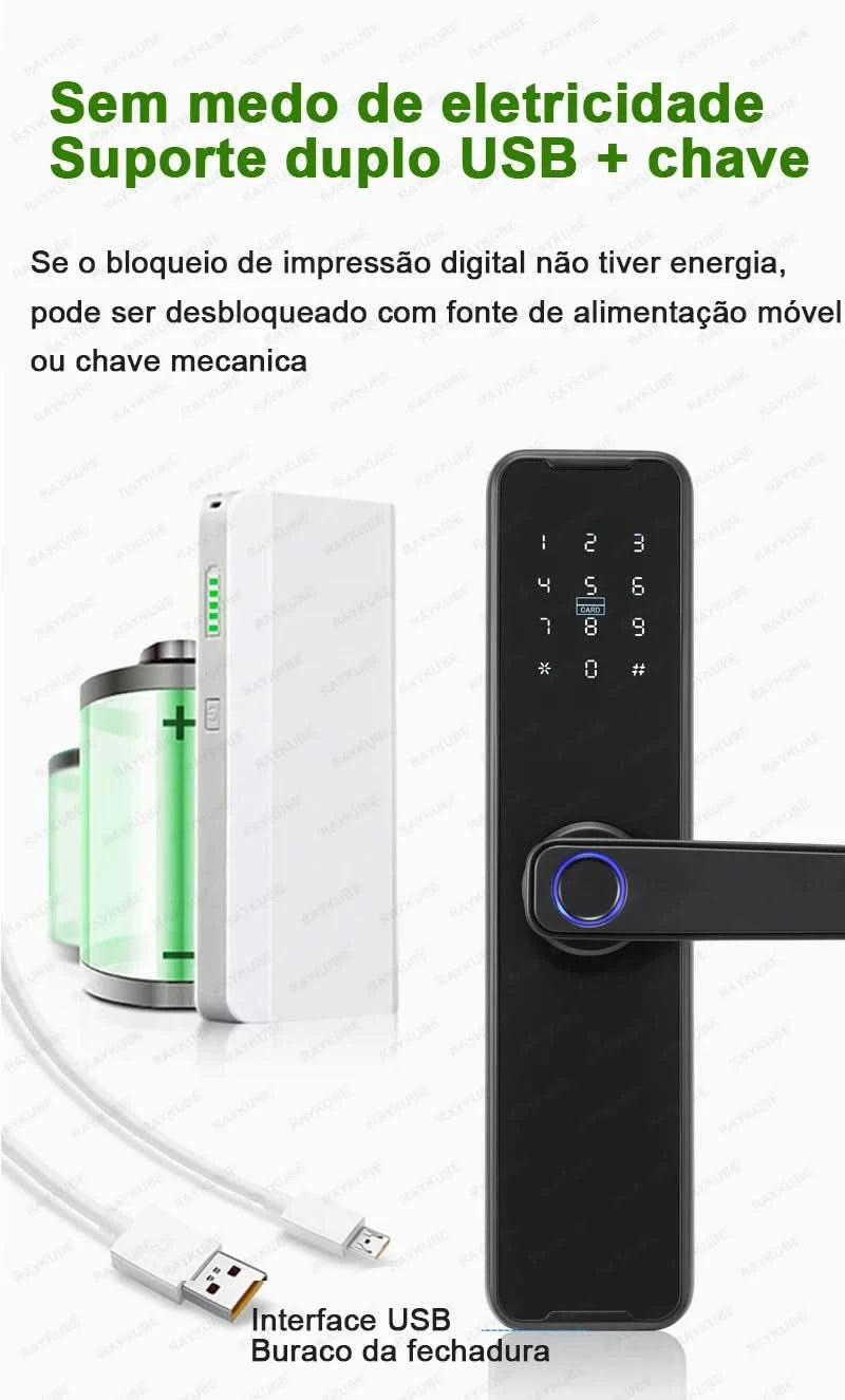 Do Brasil RAYKUBE Black K7 Pro+ Tuya Bluetooth Biometric Fingerprint Door Lock Smart Digital Lock Tuya App Unlock Keyless Lock