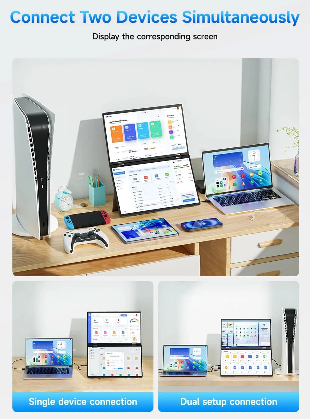 EVICIV Tragbarer Dual-Monitor 15,6 Zoll Stapelbar Faltbar Reise-Display 1080P 100% sRGB USB-C HDMI Dreifach Laptop-Bildschirm-Erweiterung