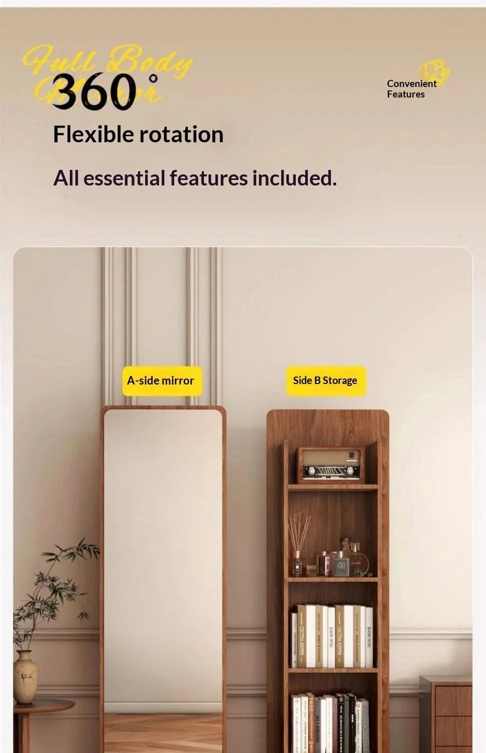 Full Length Floor Mirror Rotating Wooden Frame Bookshelf Full Body Standing Mirror Bedroom Living Room Large Luxury No Warping