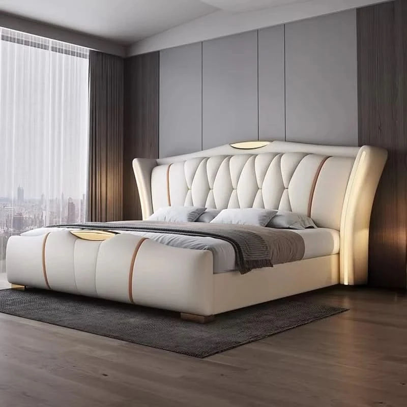 Home Leather bed with light modern minimalist lit 150x200 180x200 200x220 cm Double bed 2 people bedroom beds frames Furniture