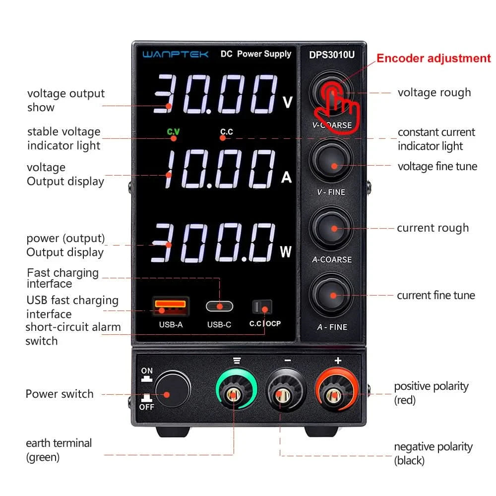 Wanptek Einstellbares Gleichstromnetzteil 30V 10A 60V 5A Labornetzgerät Stabilisiertes Netzteil Spannungsregler Schalter 220V