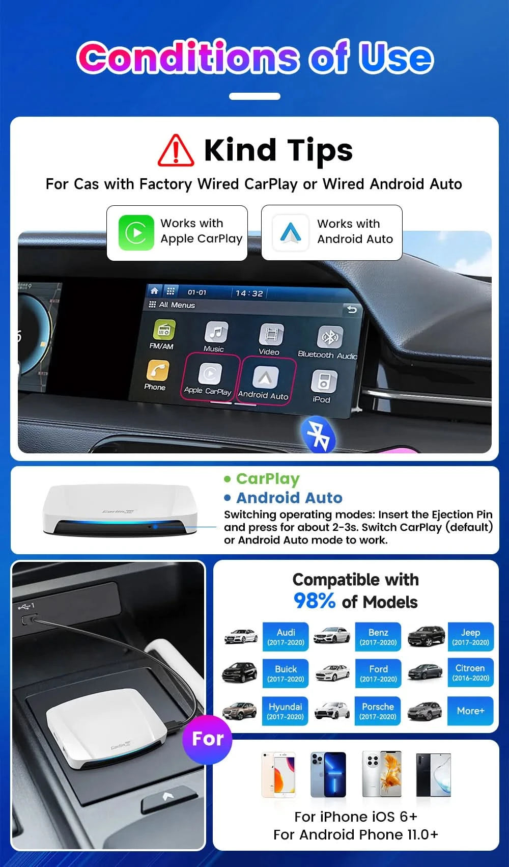 Carlinkit HDMI-Ausgang Auto TV Mate Carplay Qualcomm 6225 8-Core Android Auto Wireless Adapter unterstützt Youtube GPS Split Screen
