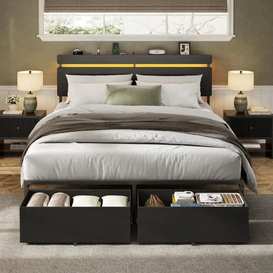 Queen Bed Frame with Wood Headboard, Black Platform Bed with 2 Storage Drawers amp Shelf, Builtin Charging Station  Vellivy