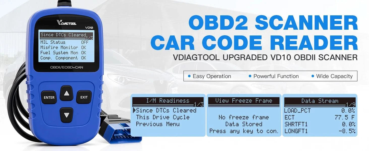 VDIAGTOOL VD10 OBD2 Diagnosegerät KFZ-Scanner mit I/M-Bereitschaftscodes, Motorprüffunktion, lebenslange kostenlose Updates