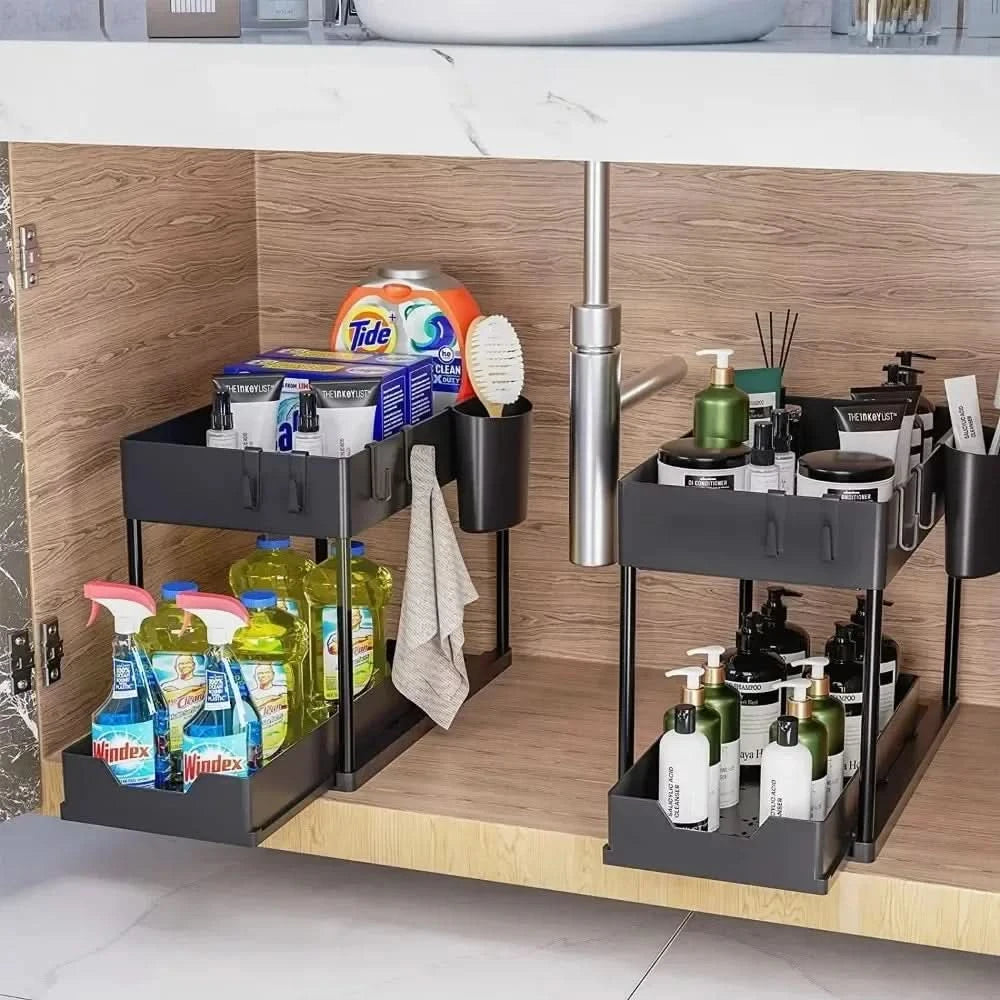 Zweistufiger Ausziehbarer Spülenunterschrank, Schiebekorbregal, Ablageregal, Hängeregal für Badezimmer und Küche