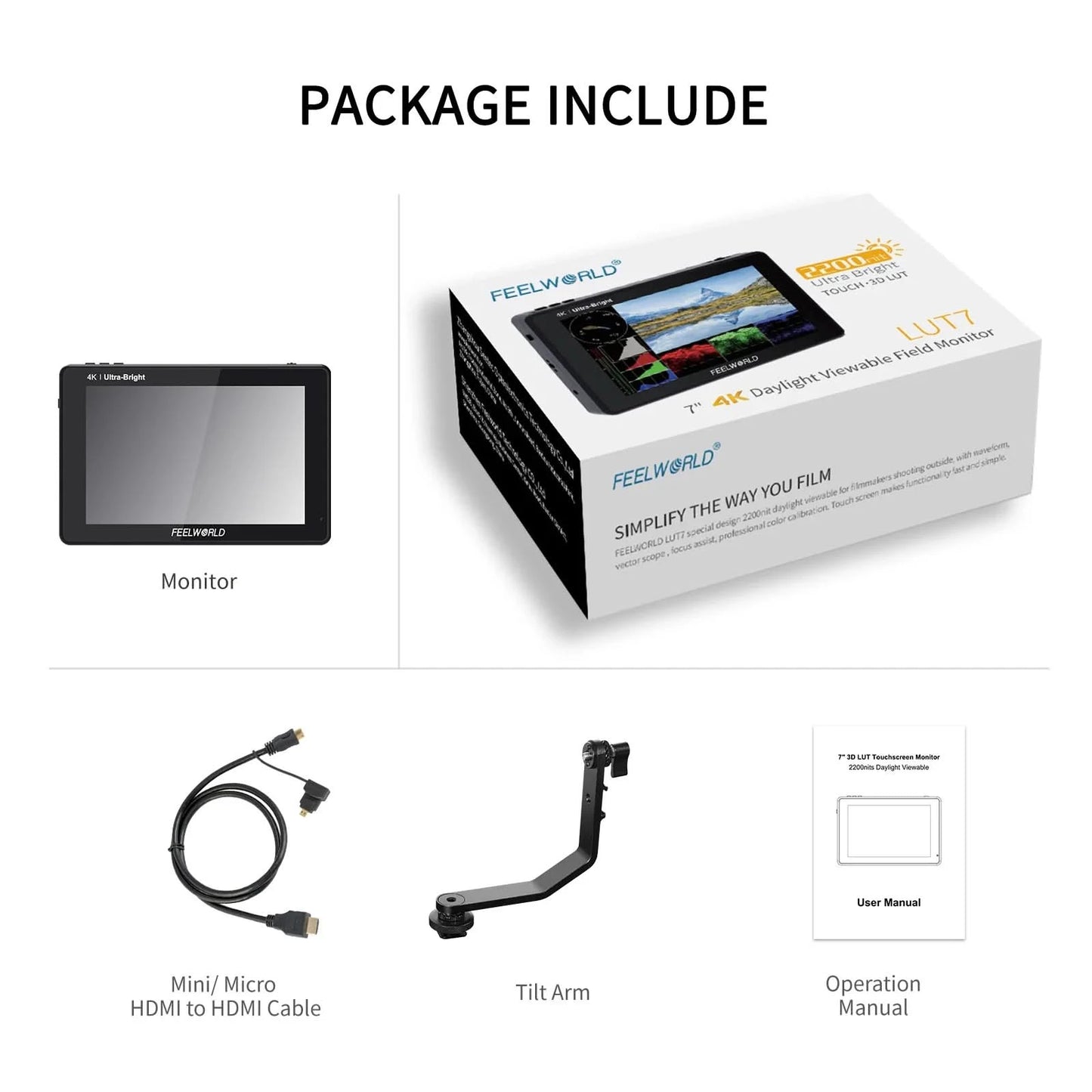 FEELWORLD LUT7 7 Zoll 2200nits Touchscreen Kameramonitor mit 3D LUT HDMI Ein- und Ausgang, Waveform, Vektorskop, Histogramm