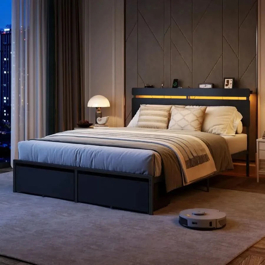 Queen Bed Frame with Wood Headboard, Black Platform Bed with 2 Storage Drawers amp Shelf, Builtin Charging Station  Vellivy