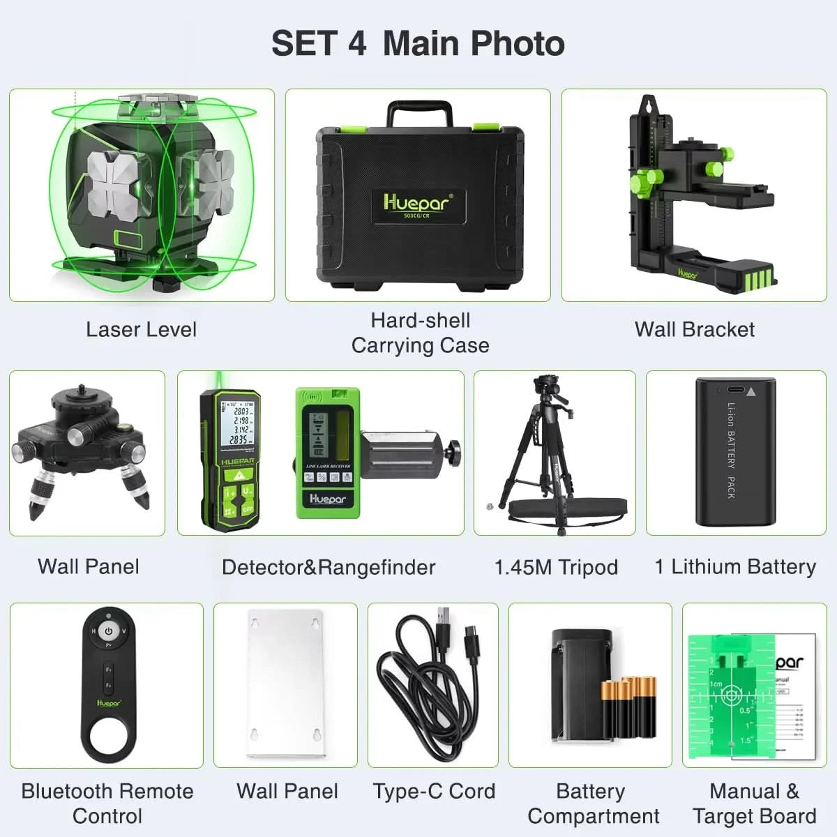 Huepar 4D 16 Lines Laser Level Self Leveling 4x360°Cross Line LCD Screen Bluetooth Remote Green Beam Tiling Floor with Receiver