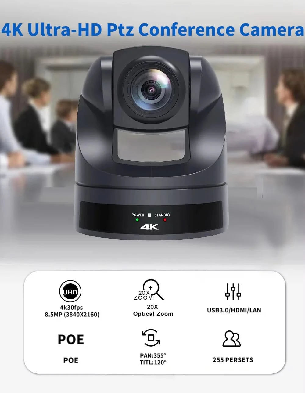 Runpu 4K30fps 20X Optical Zoom AI-Tracking Ptz NDI Camera HDMI LAN POE Live Streaming Broadcast Video Conference System Camera