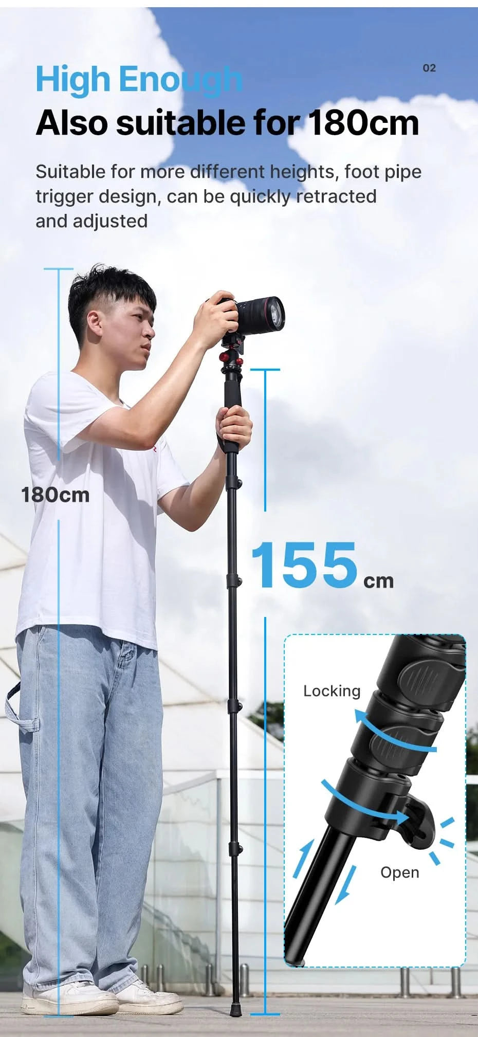 Ulanzi Leichtes Einbeinstativ Aluminium DSLR-Kamerastativ für 1/4''3/8'' Wanderungen Reisen Selfie-Stick Max. 155cm Verlängerung 5KG Belastung