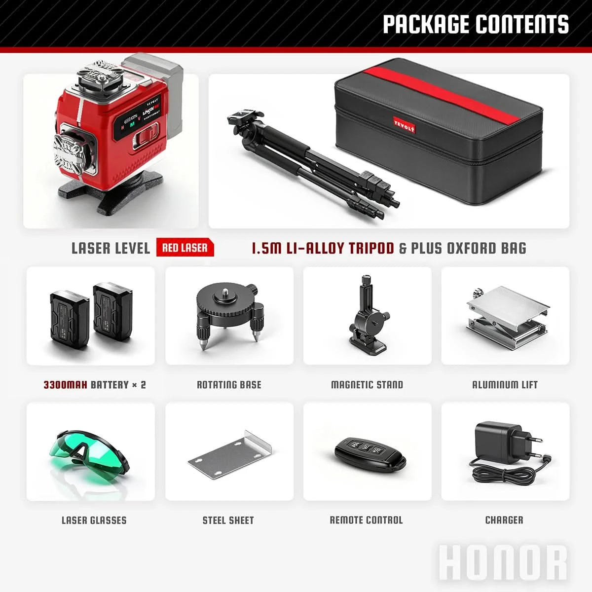 YEVOLT YVGLL4LD16 4-Plane Red Laser Level 4D 16 Lines with  All Day Work Self-Leveling Measuring Horizontal & Vertical Tools