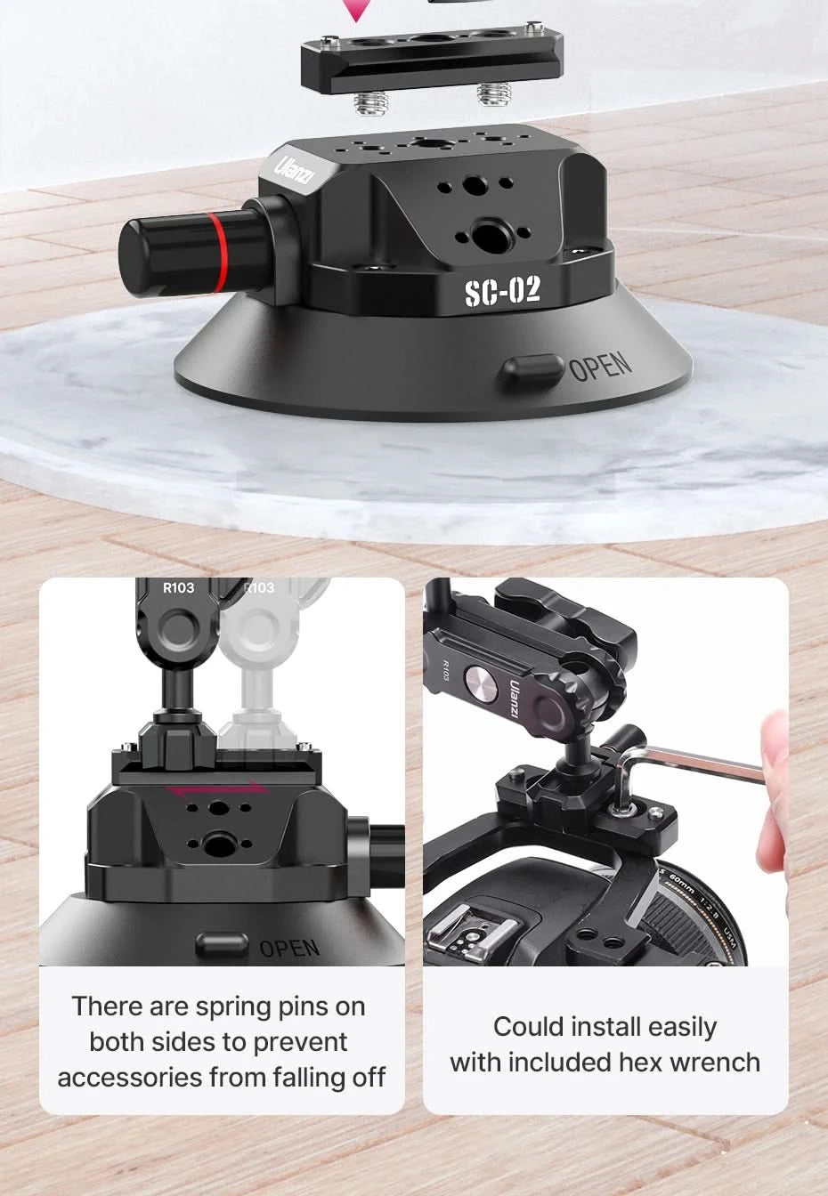 Ulanzi Car Phone Action Camera Holder Hand Pump Suction Cup 360° Adjustable 1/4" for GoPro for Insta360 DJI Action Smart Phone