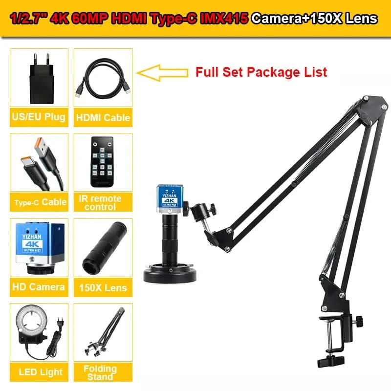 YIZHAN 4K UHD Electron Digital Microscope 1080P 60FPS Video Industrial Welding Camera 150X Lens Folding Stand for PCB Repair