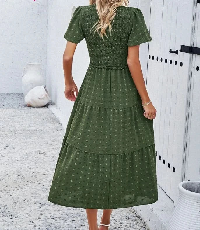 Women's Casual Solid V-Neck Short Sleeve A-Line Dress Temperament Commuting Summer New Fashion Women Clothes Pullover Dresses