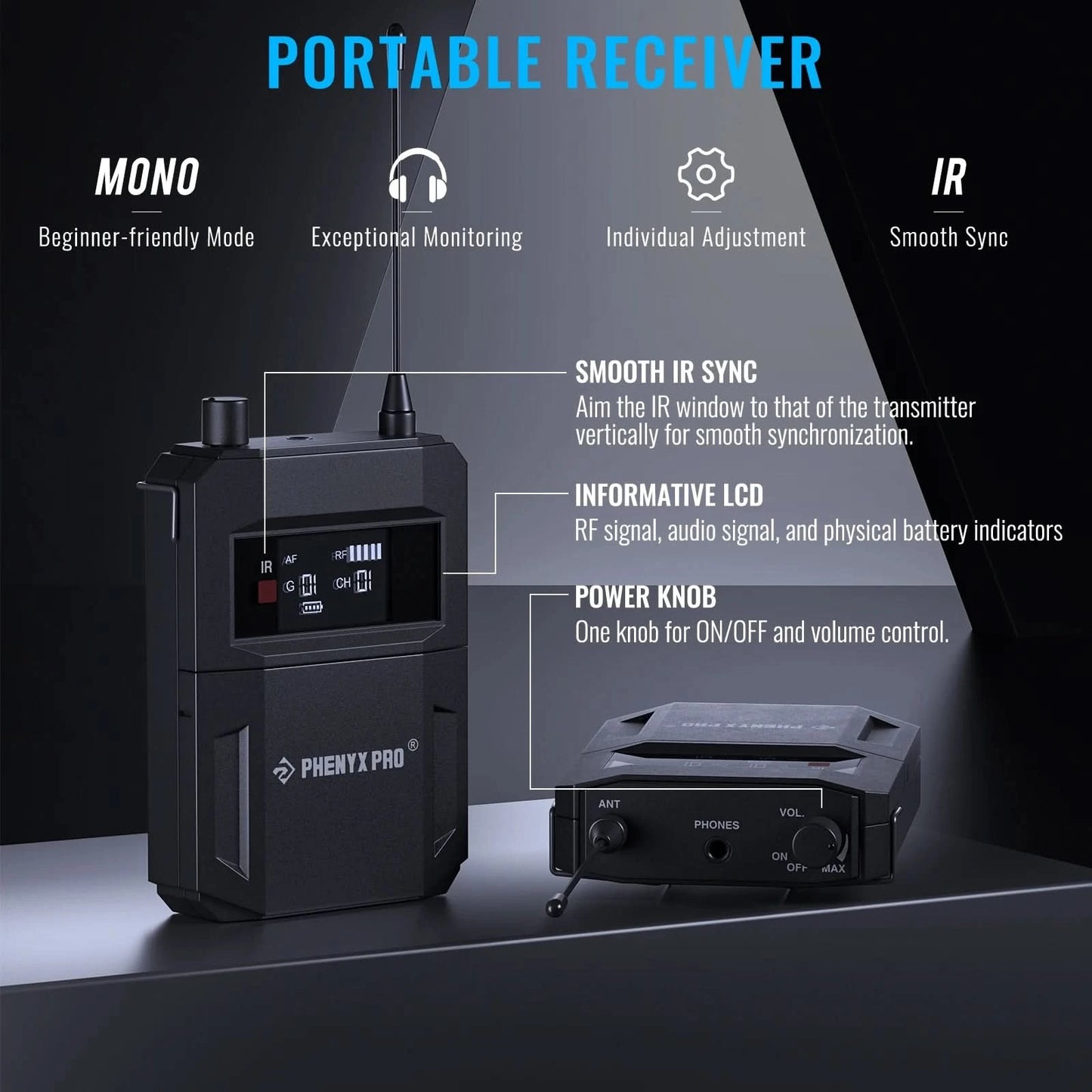 UHF Mono Wireless In-Ear Monitor System w/1 Loop Output,Separate Outputs Suitable for Band and Studio Phenyx Pro PTM-11