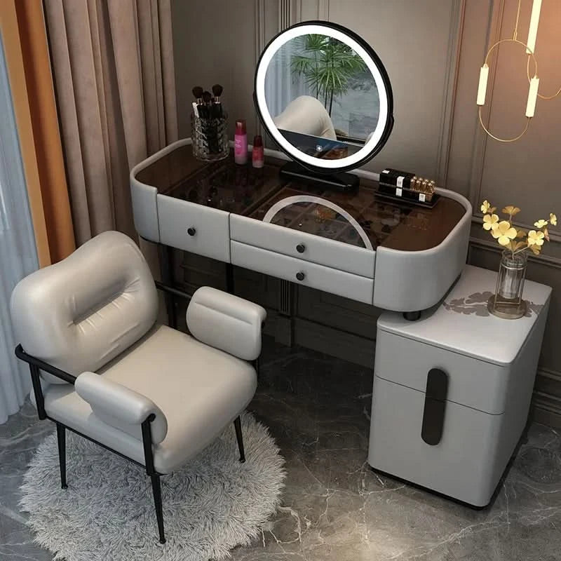 Luxury Jewelery Storage Dressing Table Glass Top Girls Unique Makeup Mirror Beauty Dressing Table Light White Muebles Decoration