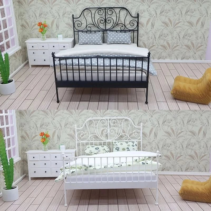 1/12 Dollhouse Simulation European Bed With Mattress Pillow Quilt Doll Home Iron Art Double Bed Bedroom Furniture Decoration Toy