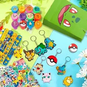 Pokémon-Geburtstagspartygeschenke für Kinder, 110-teiliges Pokémon-Partyzubehör – Pikachu-Geschenktüten, Abzeichen, Aufkleber usw. Pokémon-Partygeschenke