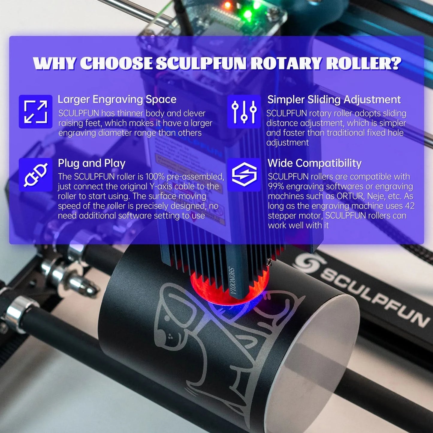 SCULPFUN S9/S10 Laser-Rotationsgraviermaschine Y-Achsen-Rotationswalze für 6-150 mm Gravur von zylindrischen Objekten, 360° drehbar