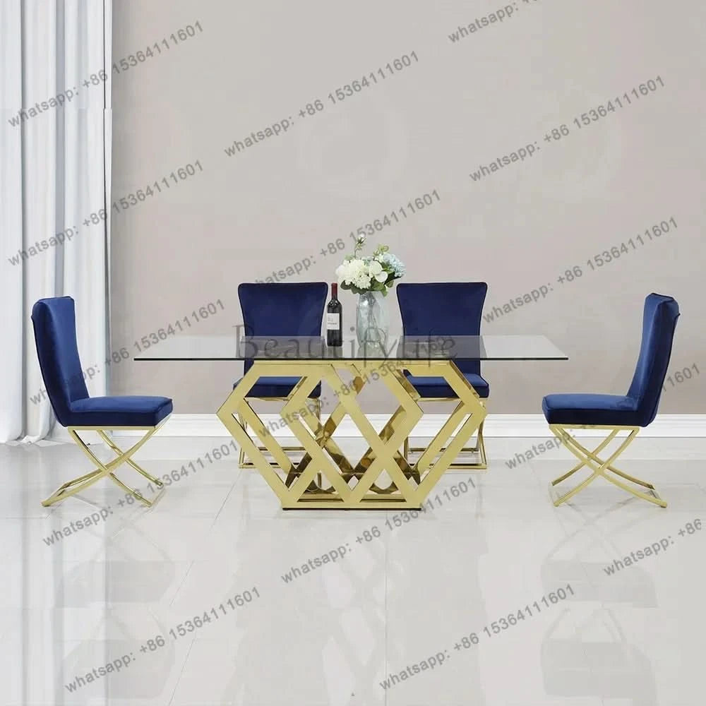 Golden stainless steel base tempered glass top modern luxury dining furniture with 8 seater dining room table