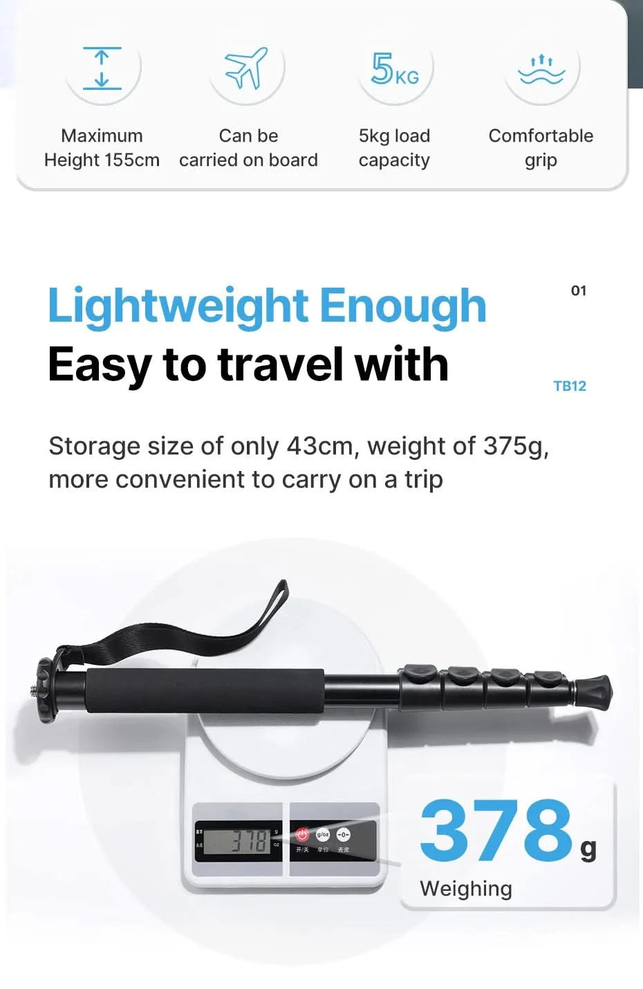 Ulanzi Leichtes Einbeinstativ Aluminium DSLR-Kamerastativ für 1/4''3/8'' Wanderungen Reisen Selfie-Stick Max. 155cm Verlängerung 5KG Belastung