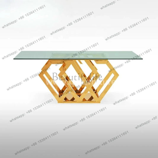 Golden stainless steel base tempered glass top modern luxury dining furniture with 8 seater dining room table