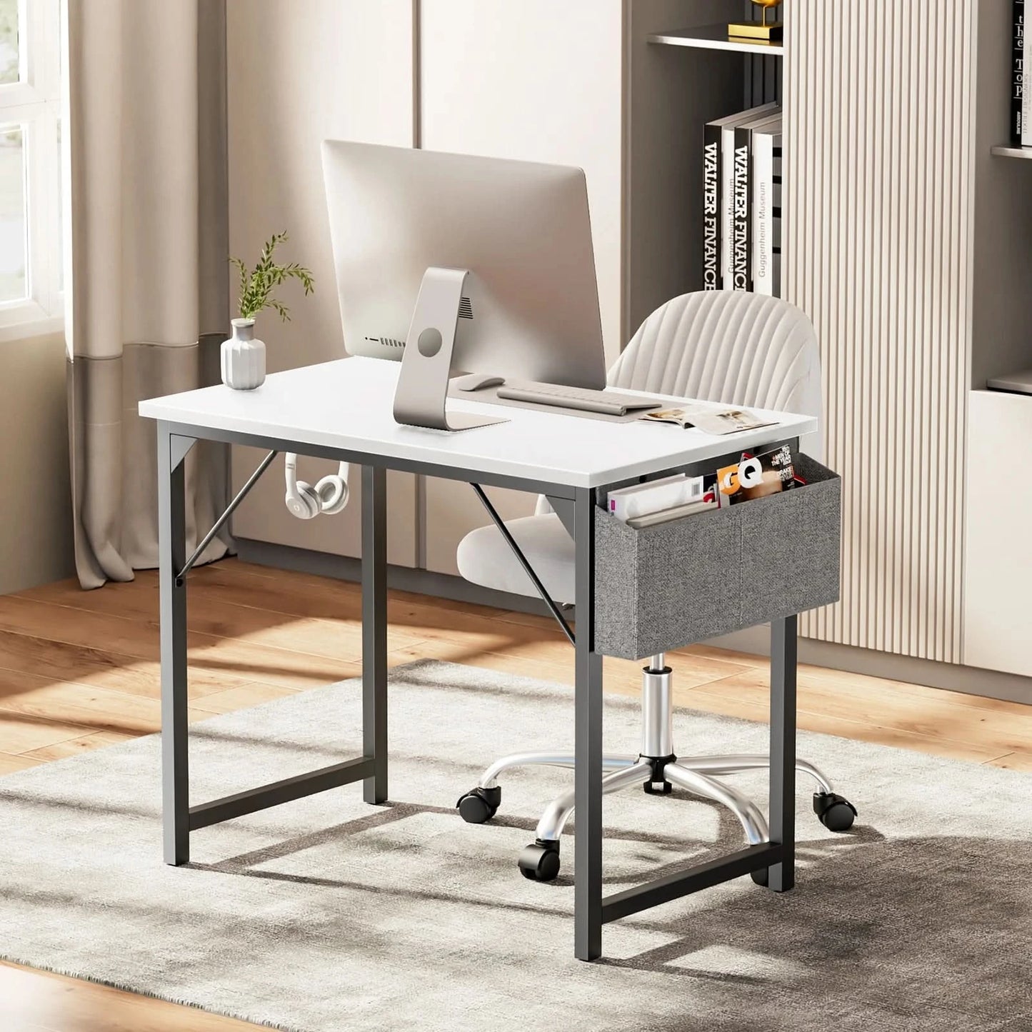 JHK Computertisch Schreibtisch Büro Gaming-Tisch Modern Einfacher Stil Kompakt mit Seitentasche Kopfhörerhaken Leichte Montage