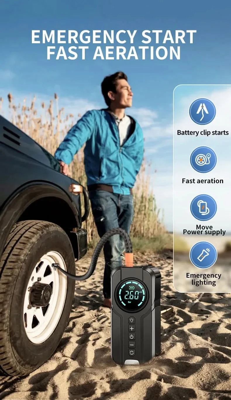 BUVAYE Auto-Multifunktions-Luftkompressor Starthilfe Luftpumpe Praktischer Reifenfüller Tragbarer Batteriestarter mit EVA-Tasche