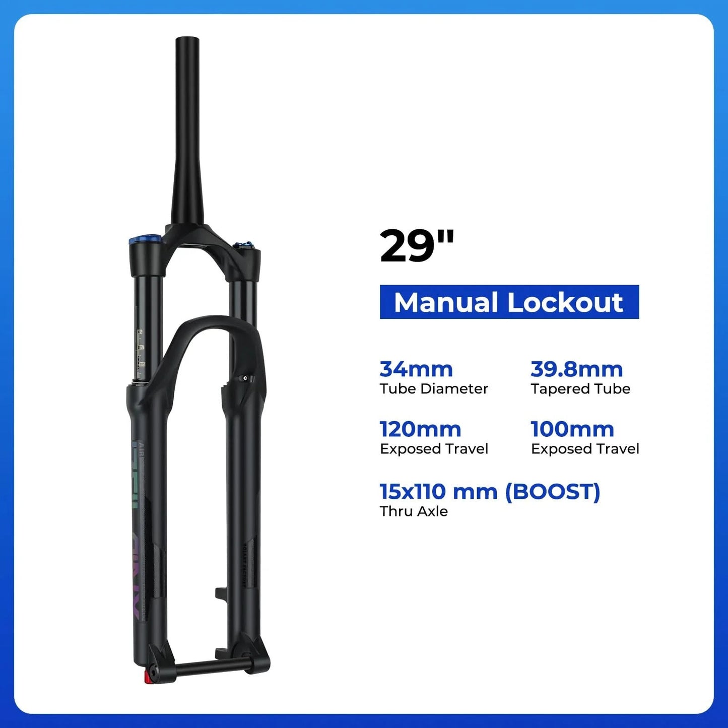BOLANY 27.5/29inch Boost Bicycle Fork Thru Axle 100/110mm 34mm Tube Tapered Rebound Adjustment 120/140mm Travel Suspension Fork