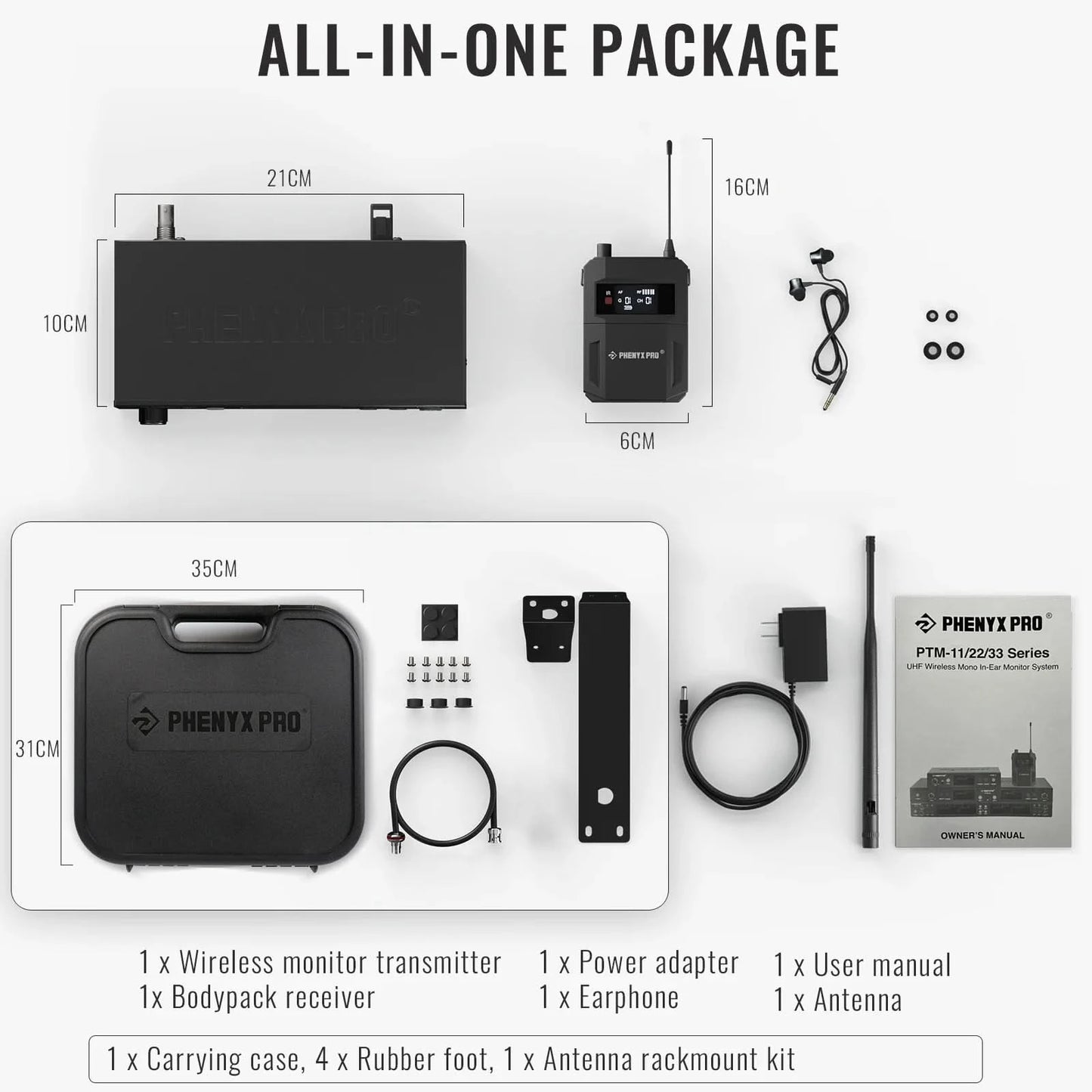 UHF Mono Wireless In-Ear Monitor System w/1 Loop Output,Separate Outputs Suitable for Band and Studio Phenyx Pro PTM-11