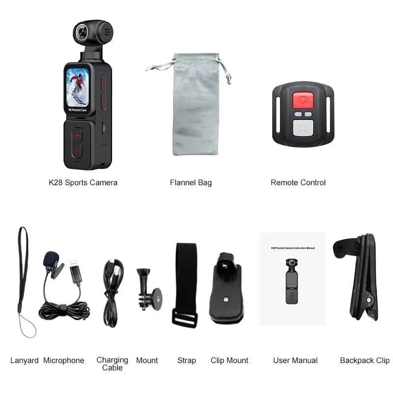K28 5K Ultra Clear Handheld Action-Kamera 1,69 Zoll Gesichtserkennung Automatische 270°-drehbare Linse Verfolgungsaufnahmen Sport-Daumenkamera