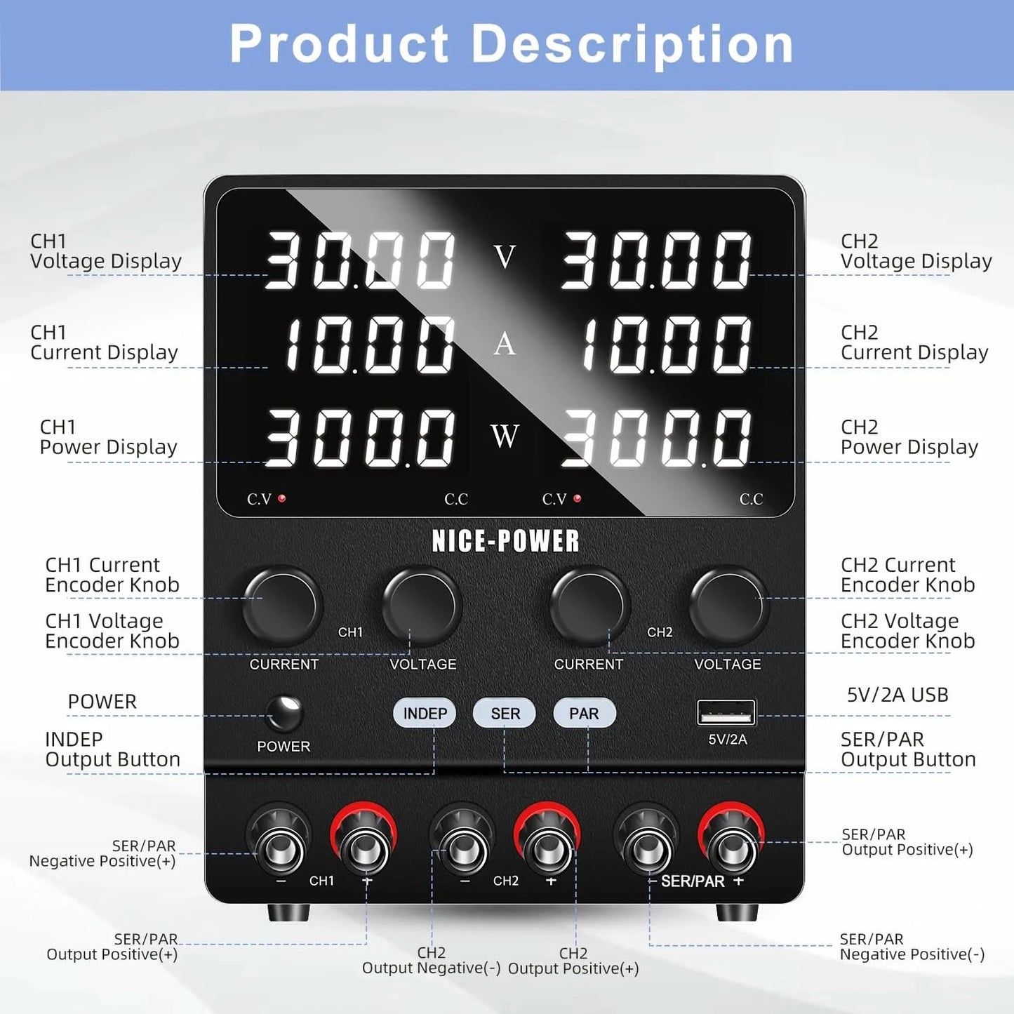 NICE-POWER 30V 10A Zweikanal-DC-Labornetzteil 60V 120V 240V Doppel-Tischnetzteil mit positiver und negativer Spannungsausgabe