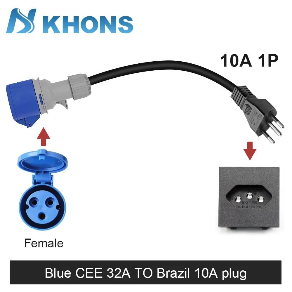 KHONS Elektrofahrzeug-Ladegerät Blau CEE 32A auf brasilianischen Stecker 10A Adapter 32A 1Phase Buchse auf 10A Stecker