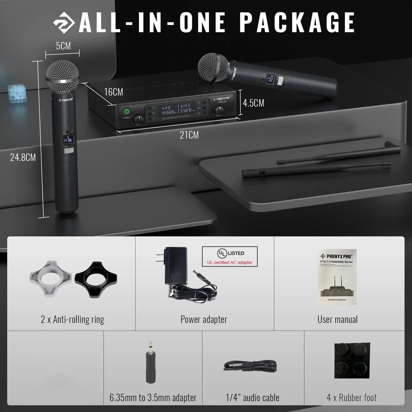 Phenyx Pro UHF Profeesional Adjustable Dual Wireless Microphone System for Stage Performances Sturdy Metal Build 100M PTU71