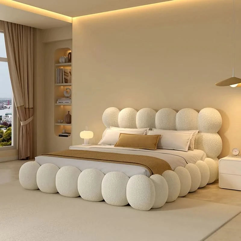 Beauty Cream Cloud Bed Large Size White Rectangle Minimalist Safe Bed Upholstery European Cama Matrimonial Home Furniture