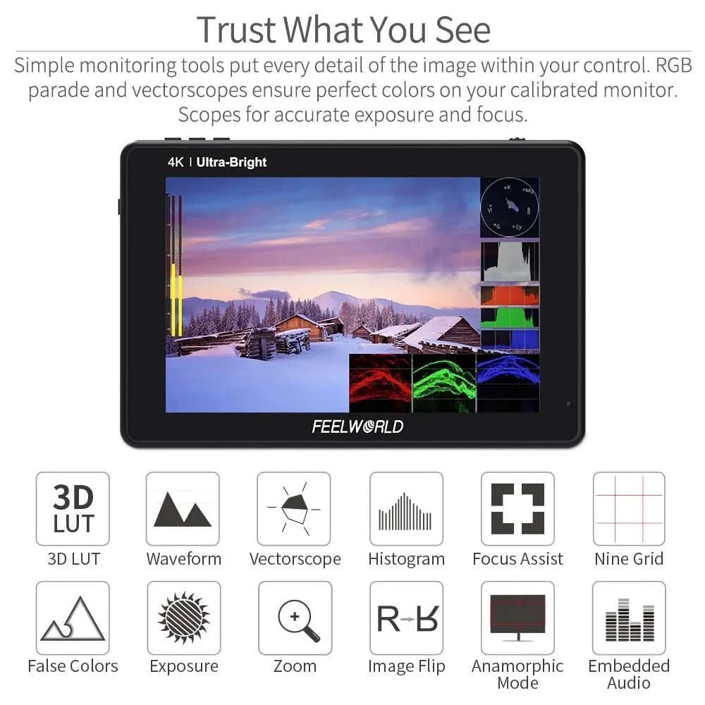 FEELWORLD LUT7 7 Zoll 2200nits Touchscreen Kameramonitor mit 3D LUT HDMI Ein- und Ausgang, Waveform, Vektorskop, Histogramm