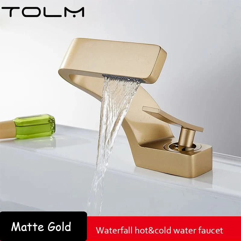TOLM Messing Schwarz Gold Waschtischarmatur Badezimmer Waschbeckenarmaturen Warm Kalt Wasserhahn Mischer Deck Montiert Einhebel Loch Bad Küche