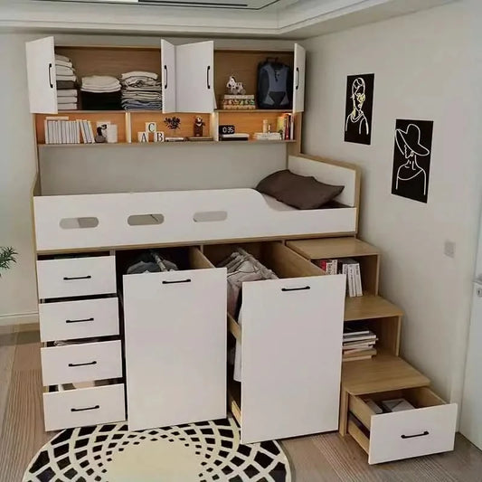 Small apartment solid wood high box storage bed wardrobe integrated, bed desk combination bed, multi-functional elevated bed