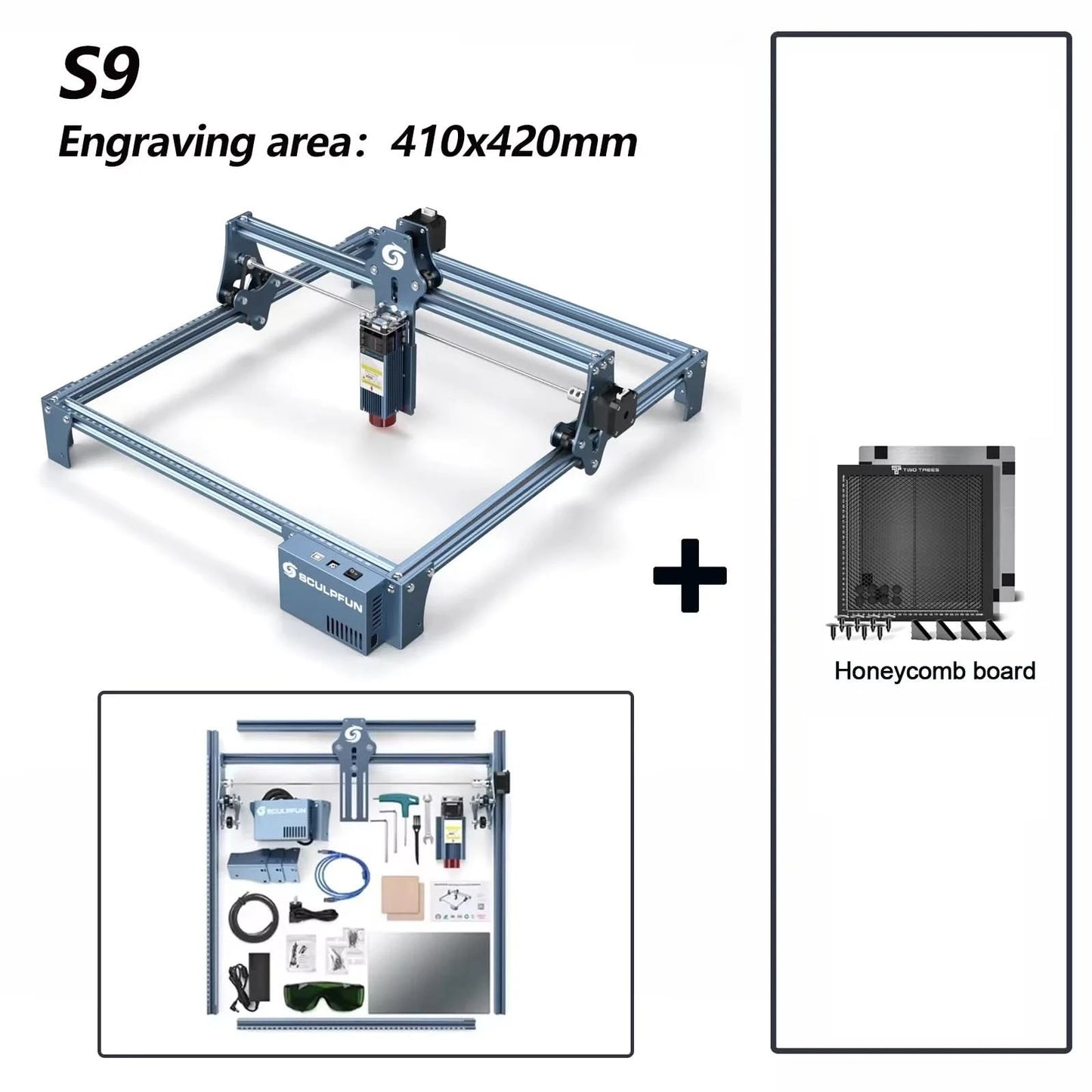 SCULPFUN S9 Lasermaschine 90W CO2 Laser-Effekt Gravur Schneidwerkzeug Hohe Genauigkeit 410x420mm Schnelle Montage