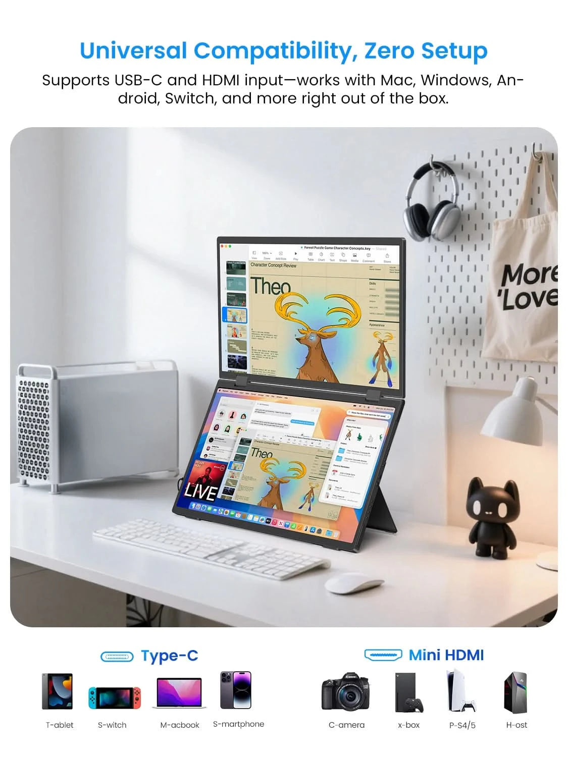 EVICIV Tragbarer Dual-Monitor 15,6 Zoll Stapelbar Faltbar Reise-Display 1080P 100% sRGB USB-C HDMI Dreifach Laptop-Bildschirm-Erweiterung